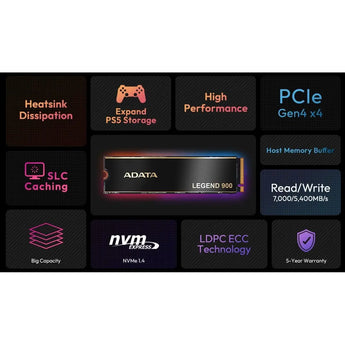 ADATA LEGEND 900  - PCIe Gen4 x4 M.2 2280 Solid State Drive (SSD) - 1TB High-Speed Storage - Up to 7,000 MB/s Read Speed - Built-In Heatsink & Durable Design - Ideal for Gamers, Creators & PC Builders ( SLEG-900-1TCS ) - Orinokia Tech
